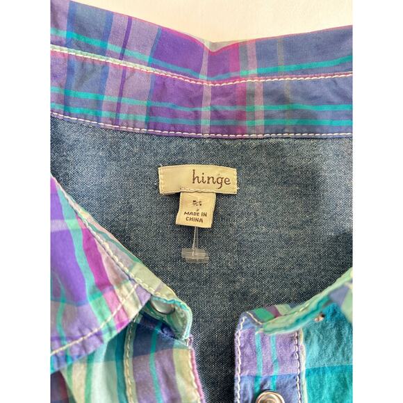 Hinge Plaid Button Down Mini Dress Top Flannel Blue Purple Green Size Medium - Picture 10 of 13